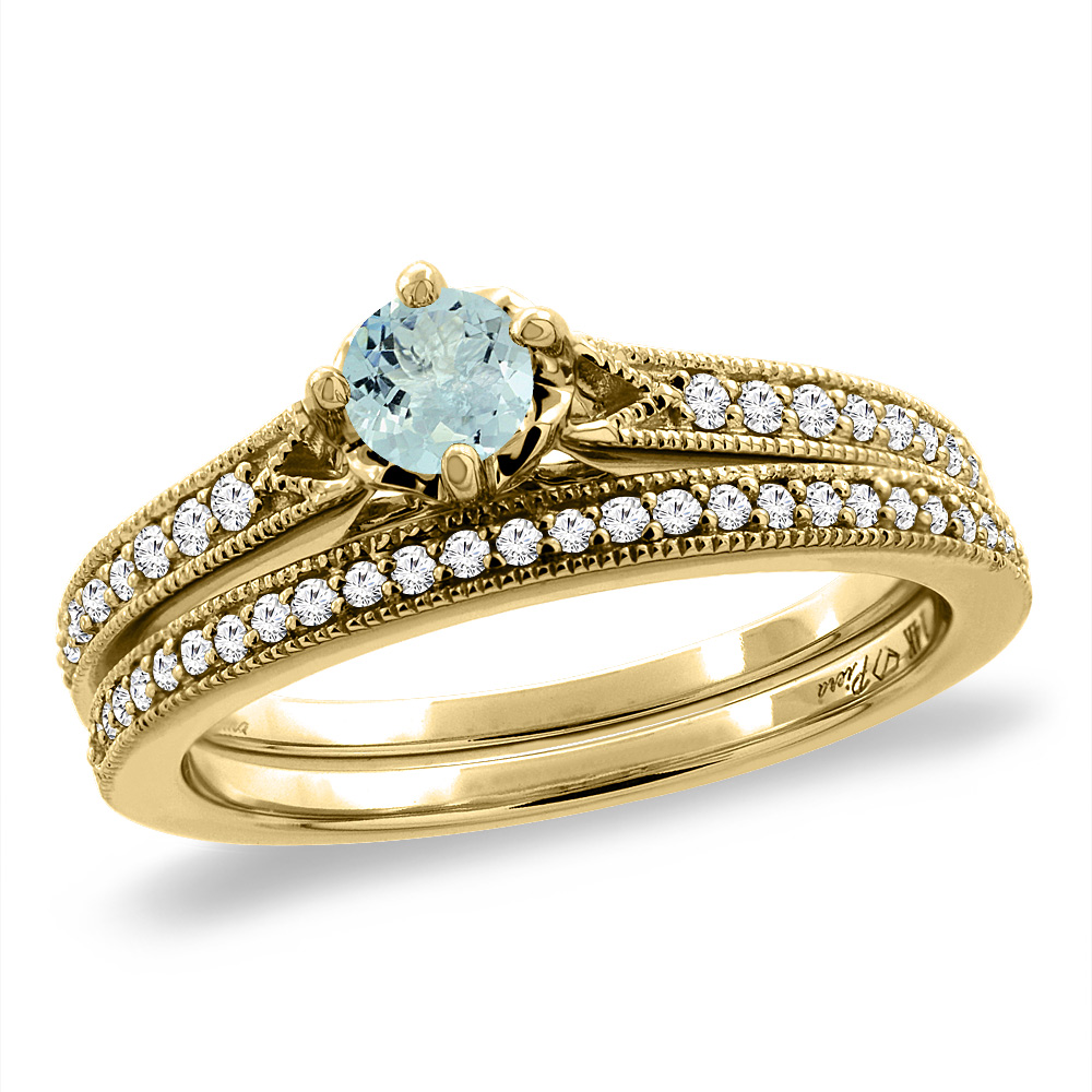 14K Yellow Gold Diamond Natural Aquamarine 2pc Engagement Ring Set Round 4 mm, sizes 5 - 10