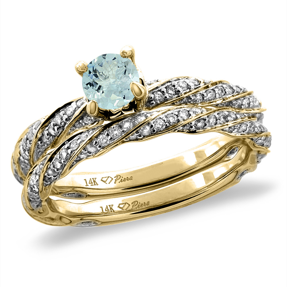 14K Yellow Gold Diamond Natural Aquamarine 2pc Twisted Engagement Ring Set Round 4 mm, size5-10