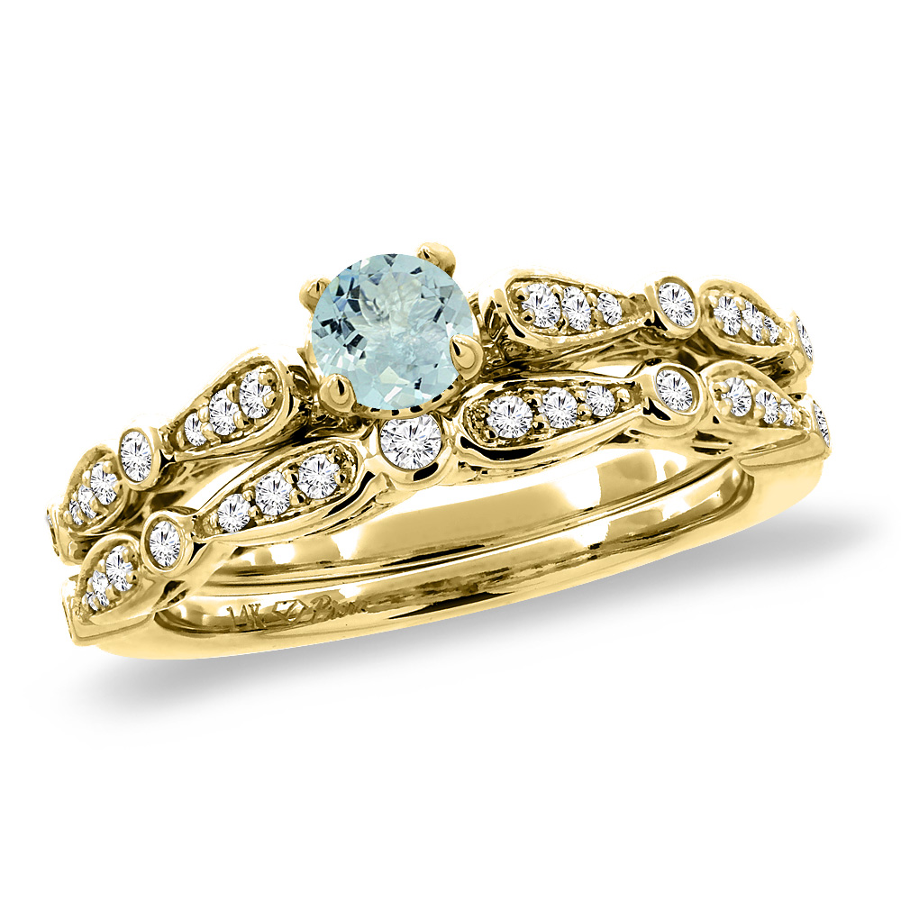 14K Yellow Gold Diamond Natural Aquamarine 2pc Engagement Ring Set Round 4 mm, size5-10