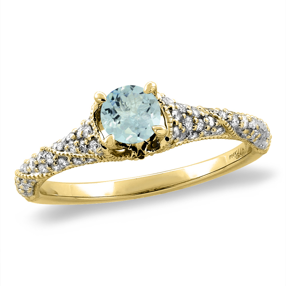 14K Yellow Gold Diamond Natural Aquamarine Engagement Ring Round 4 mm, sizes 5 -10