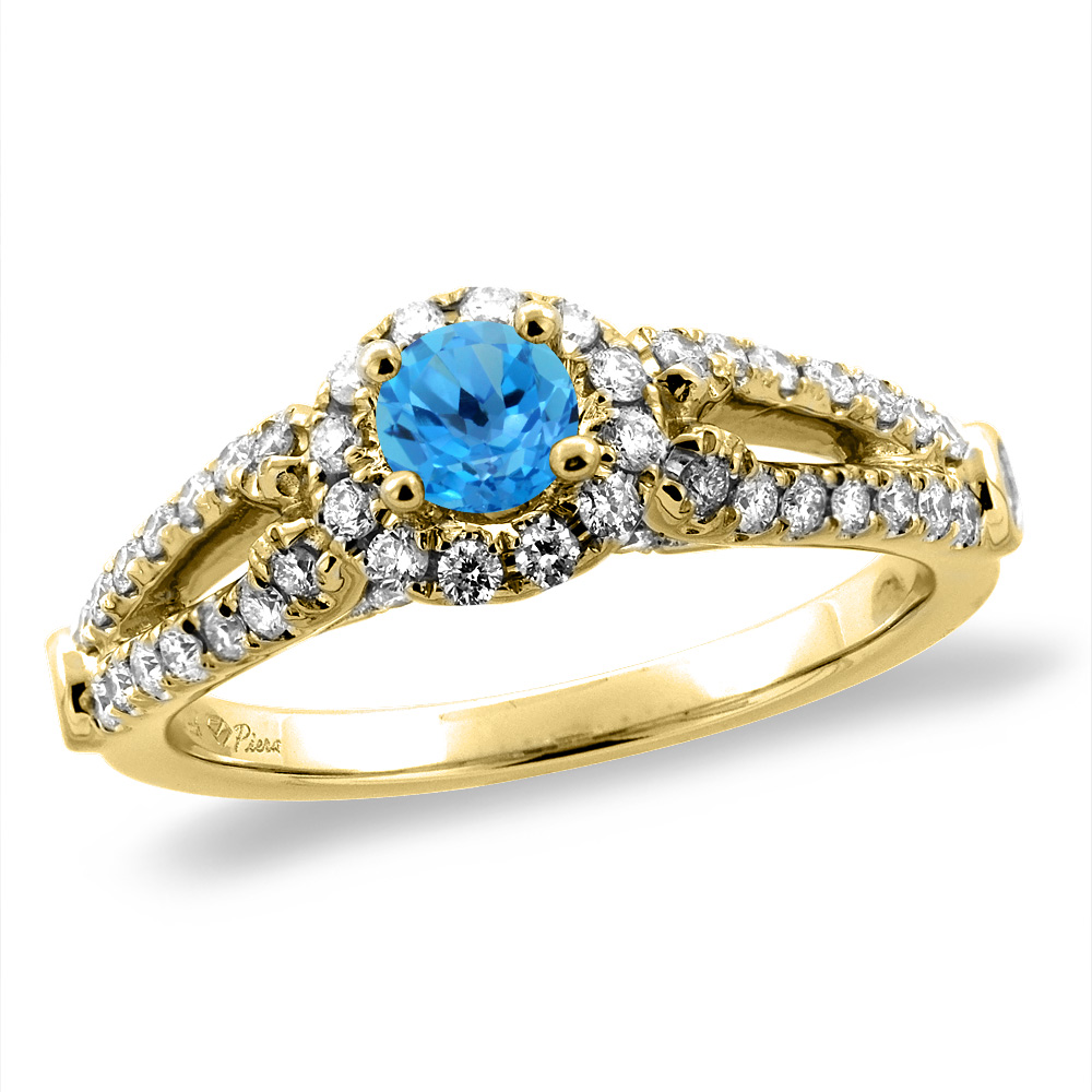 14K Yellow Gold Diamond Natural Aquamarine Halo Engagement Ring Round 4 mm, sizes 5 -10