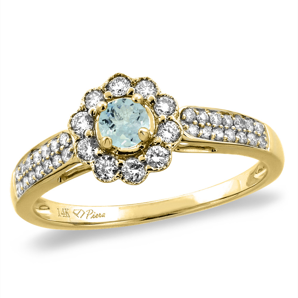 14K Yellow Gold Natural Aquamarine Engagement Ring Round 4 mm, sizes 5 -10