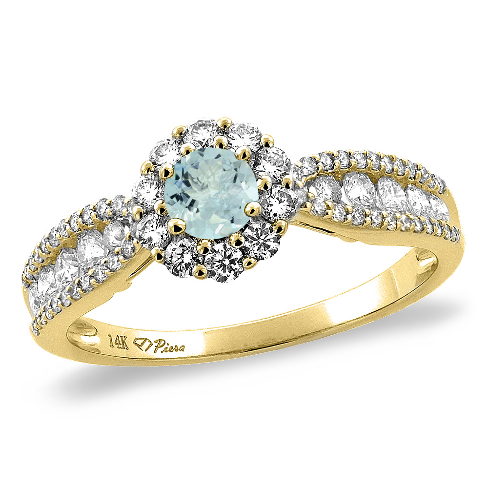 14K Yellow Gold Natural Aquamarine Halo Engagement Ring Round 4 mm, sizes 5 -10