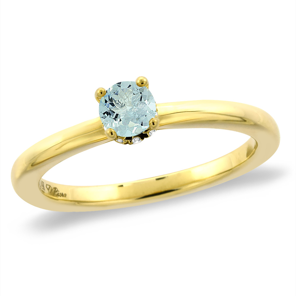 14K Yellow Gold Diamond Natural Aquamarine Solitaire Engagement Ring Round 4 mm, sizes 5 -10