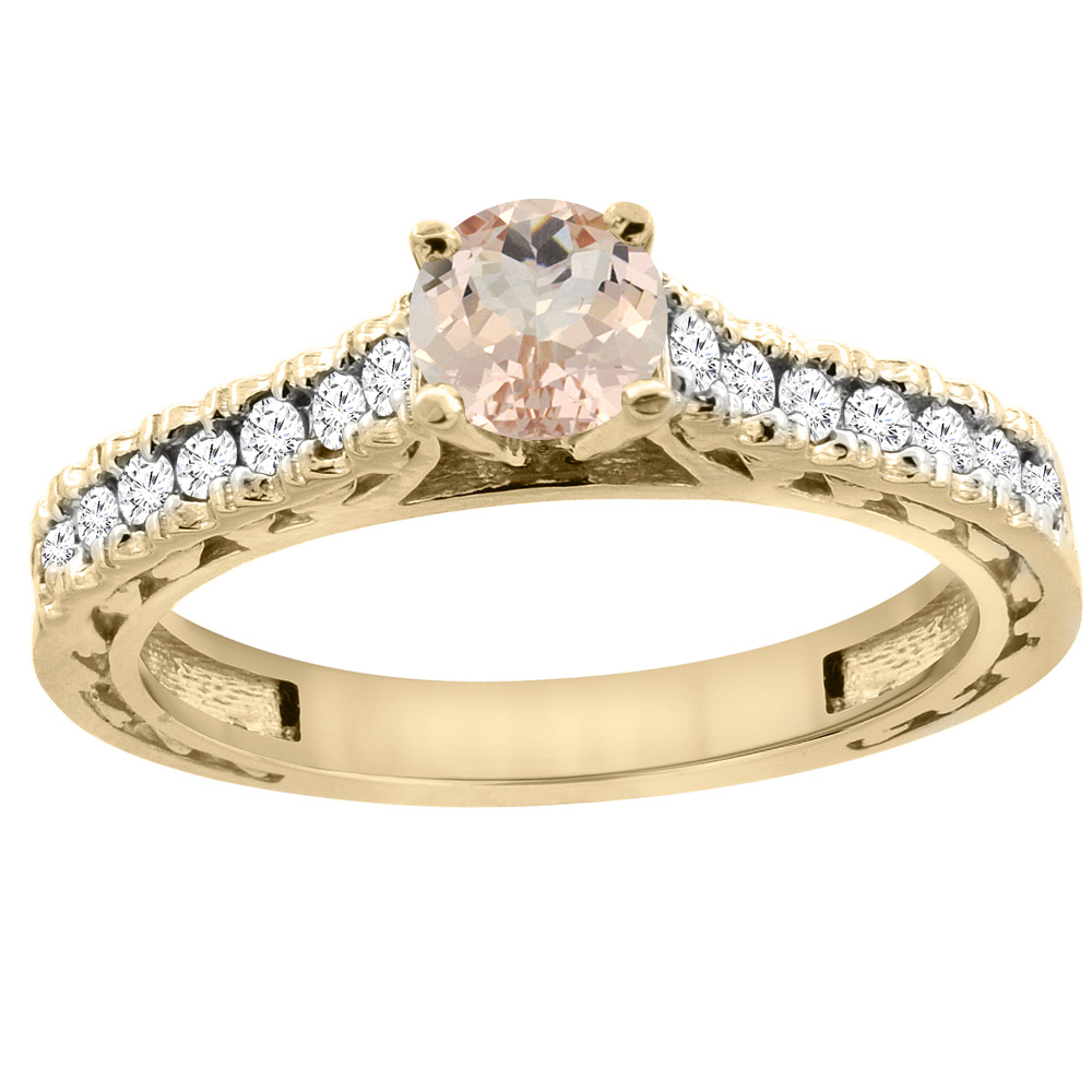 14K Yellow Gold Natural Morganite Round 5mm Engraved Engagement Ring Diamond Accents, sizes 5 - 10