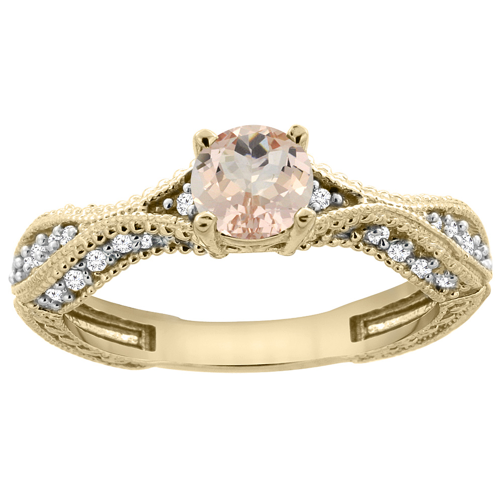 14K Yellow Gold Natural Morganite Round 5mm Engraved Engagement Ring Diamond Accents, sizes 5 - 10