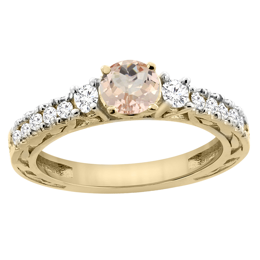 14K Yellow Gold Natural Morganite Round 6mm Engraved Engagement Ring Diamond Accents, sizes 5 - 10