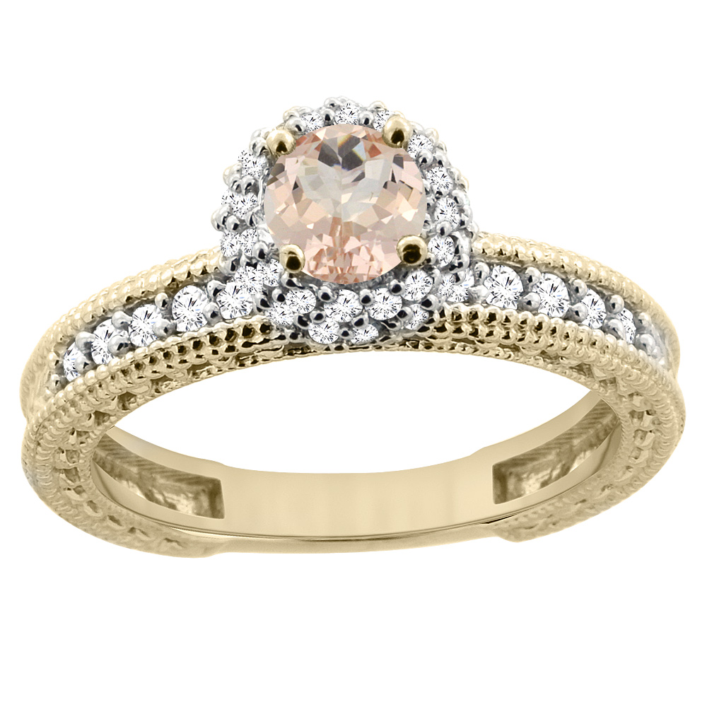 14K Yellow Gold Natural Morganite Round 5mm Engagement Ring Diamond Accents, sizes 5 - 10