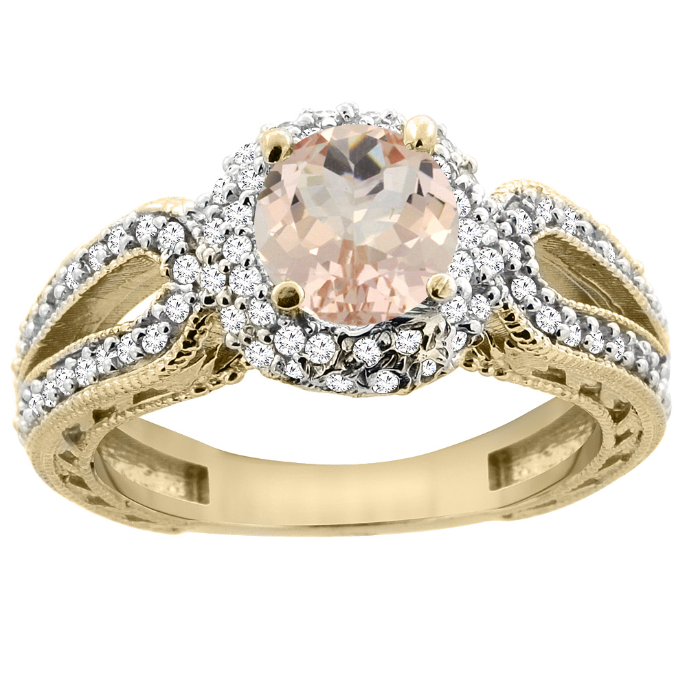 14K Yellow Gold Natural Morganite Engagement Ring Round 6mm Engraved Split Shank Diamond Accents, sizes 5 - 10