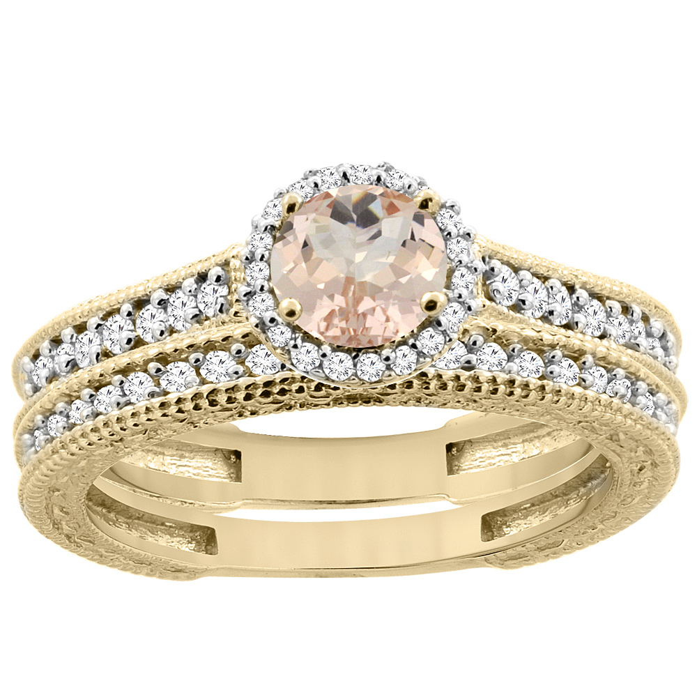 14K Yellow Gold Natural Morganite Round 5mm Engagement Ring 2-piece Set Diamond Accents, sizes 5 - 10