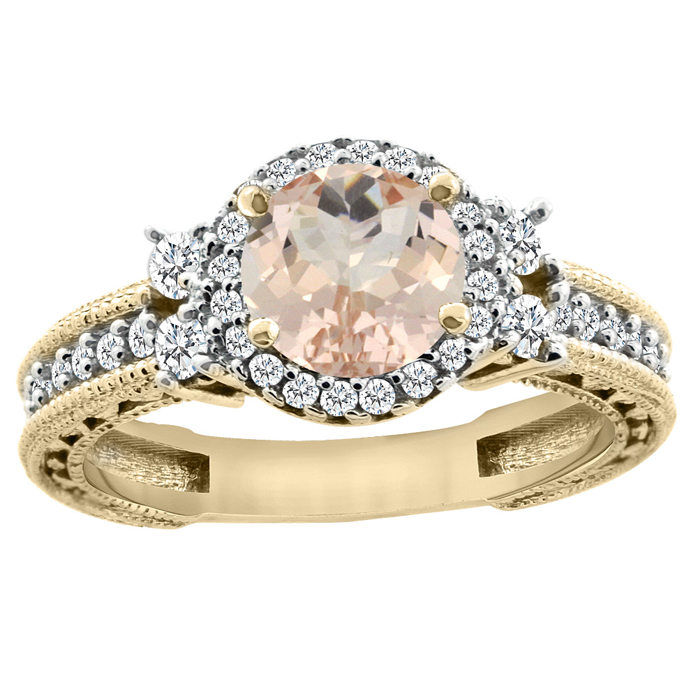 14K Yellow Gold Natural Morganite Halo Engagement Ring Round 6mm Diamond Accents, sizes 5 - 10