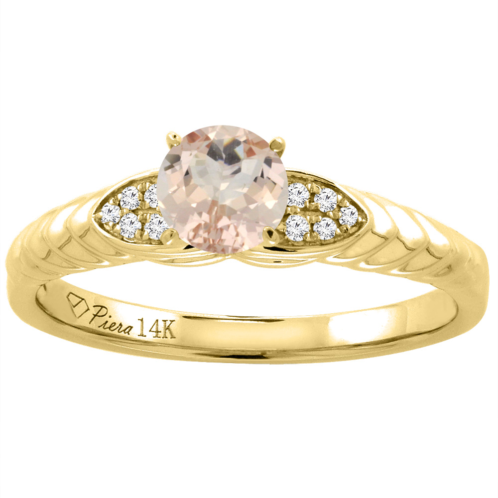 14K Yellow Gold Diamond Natural Morganite Engagement Ring Round 5 mm, sizes 5-10