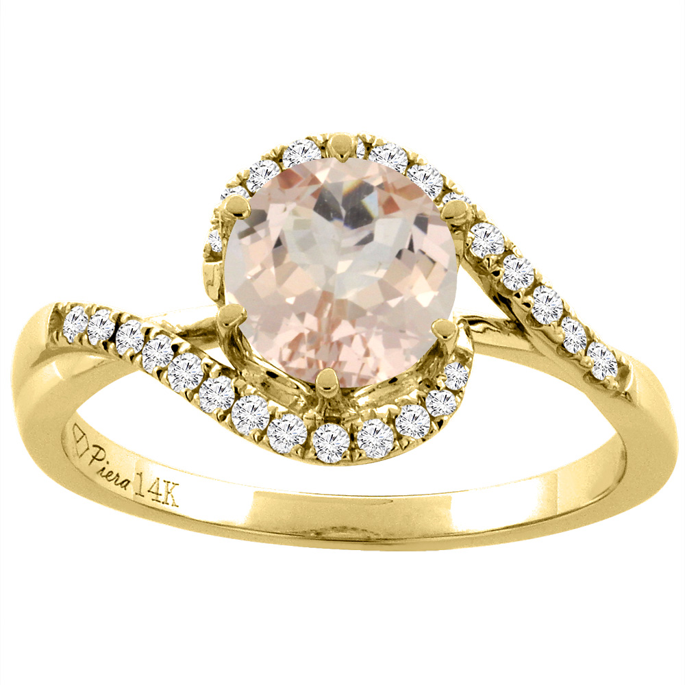 14K Yellow Gold Diamond Natural Morganite Bypass Engagement Ring Round 7 mm, sizes 5-10