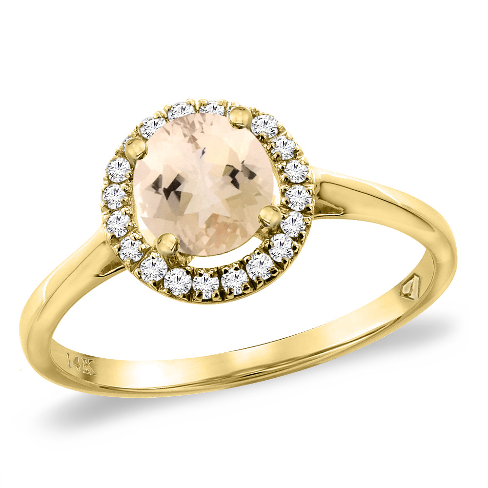 14K Yellow Gold Diamond Halo Natural Morganite Engagement Ring Round 6 mm, sizes 5 -10