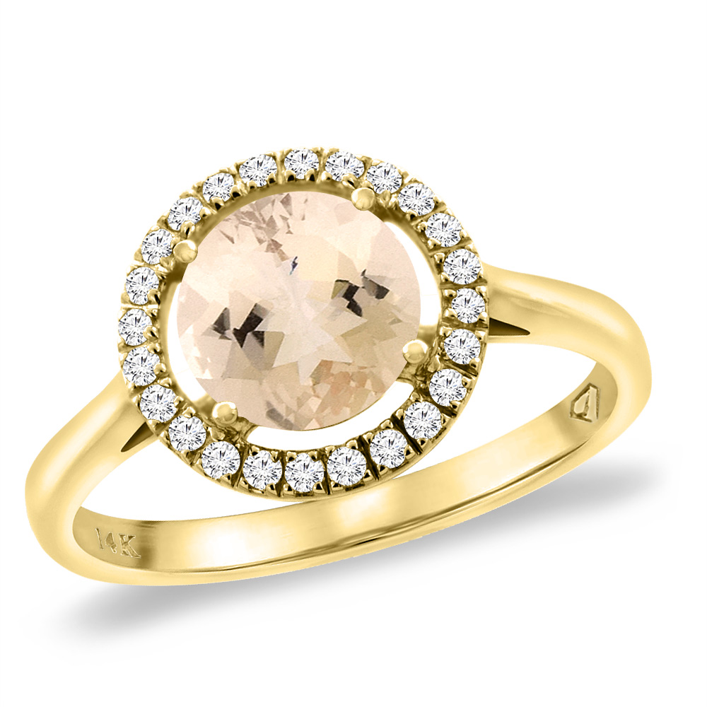 14K Yellow Gold Natural Morganite Halo Engagement Ring Round 8 mm, sizes 5 -10