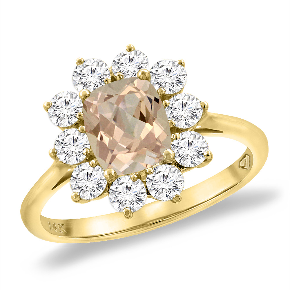 14K Yellow Gold Diamond Natural Morganite Engagement Ring 8x6 mm Cushion, sizes 5 -10