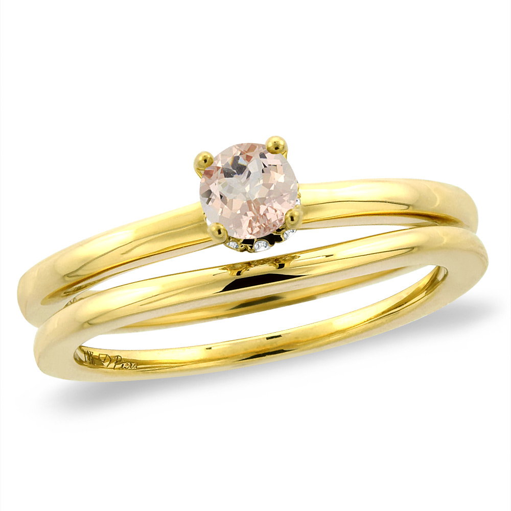 14K Yellow Gold Diamond Natural Morganite 2pc Solitaire Engagement Ring Set Round 6 mm, sizes 5-10