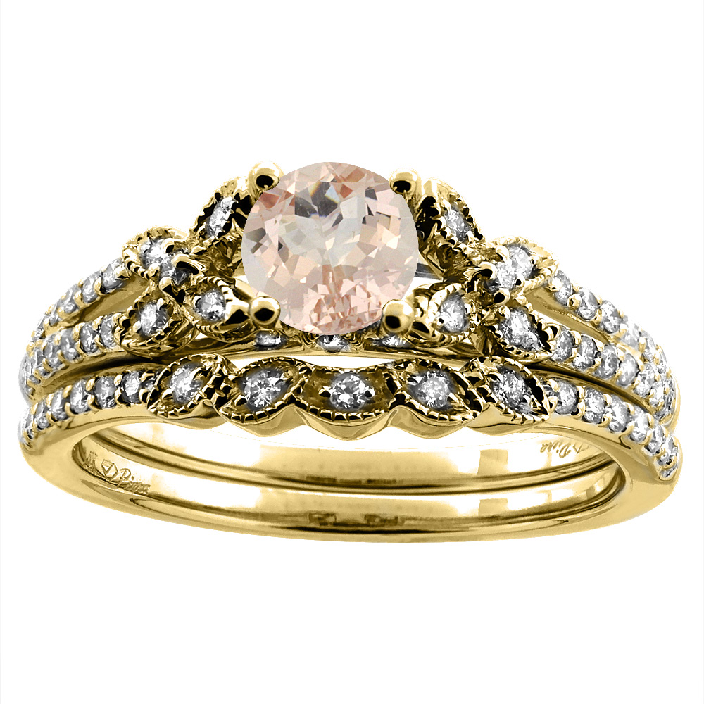 14K Yellow Gold Floral Diamond Natural Morganite 2pc Engagement Ring Set Round 5 mm, sizes 5-10