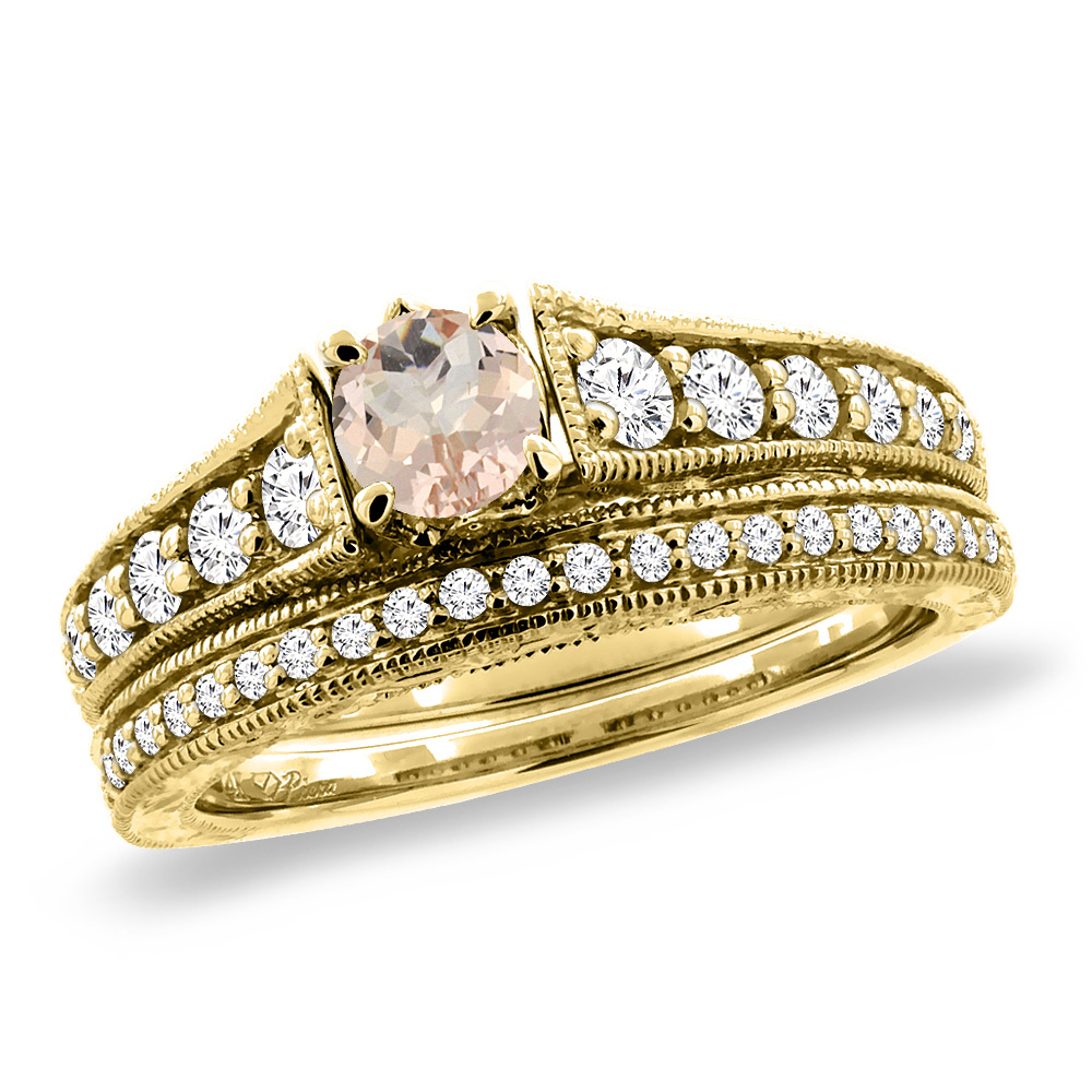 14K Yellow Gold Diamond Natural Morganite 2pc Engagement Ring Set Round 5 mm, sizes 5-10