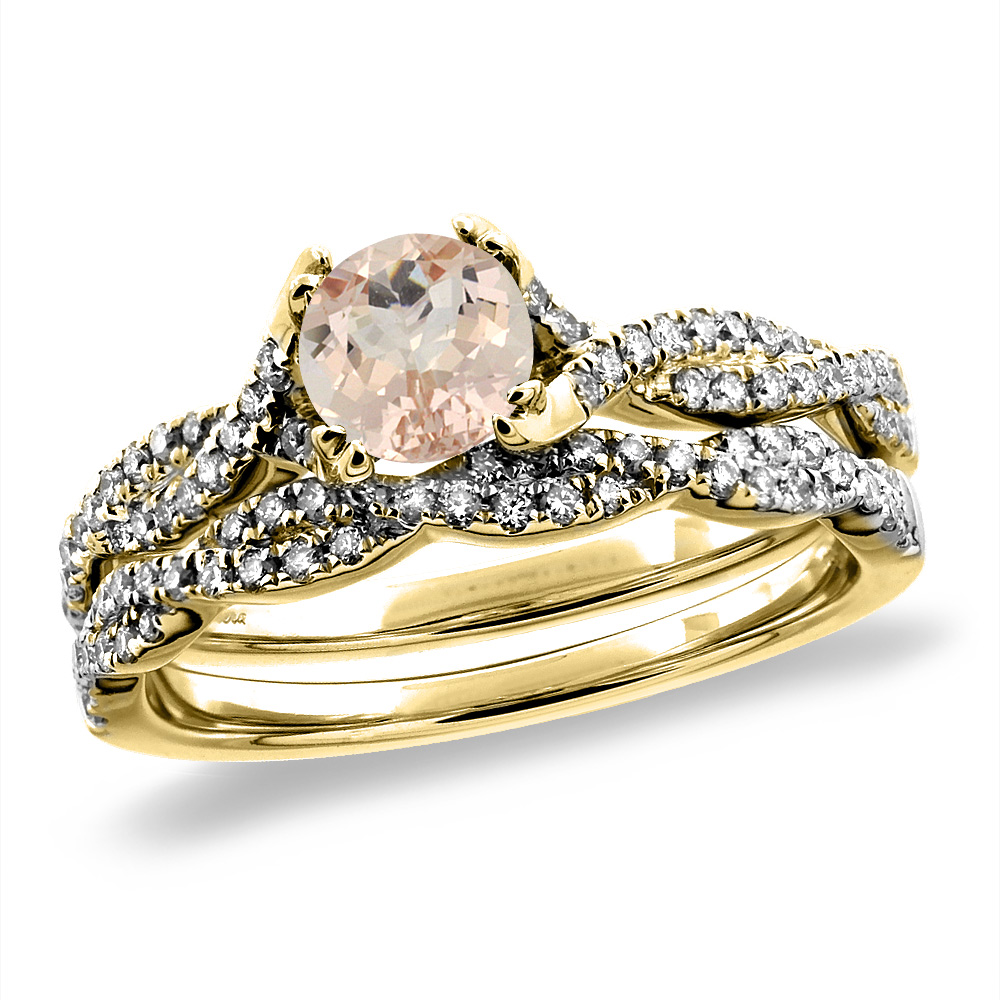 14K White/Yellow Gold Diamond Natural Morganite 2pc Infinity Engagement Ring Set Round 5 mm, sz 5-10