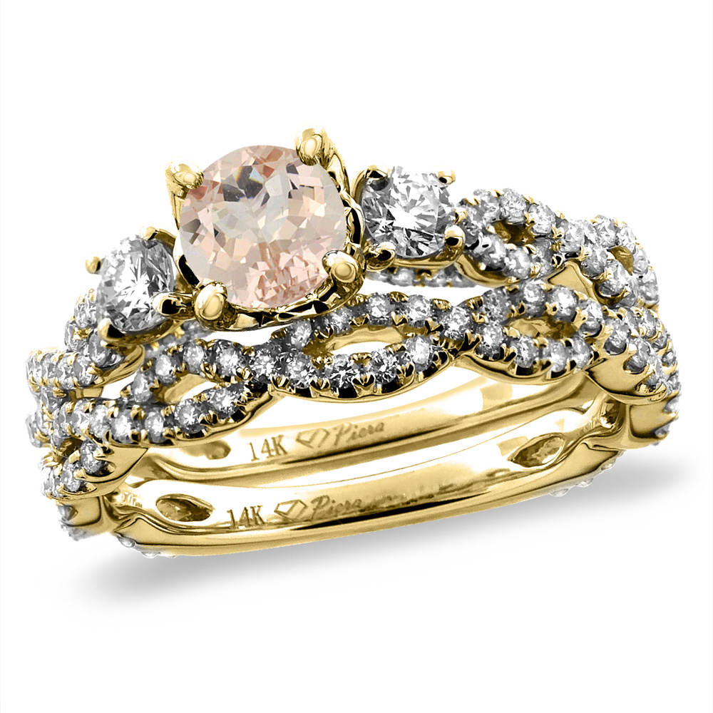 14K Yellow Gold Diamond Natural Morganite 2pc Infinity Engagement Ring Set Round 5 mm, sizes 5-10
