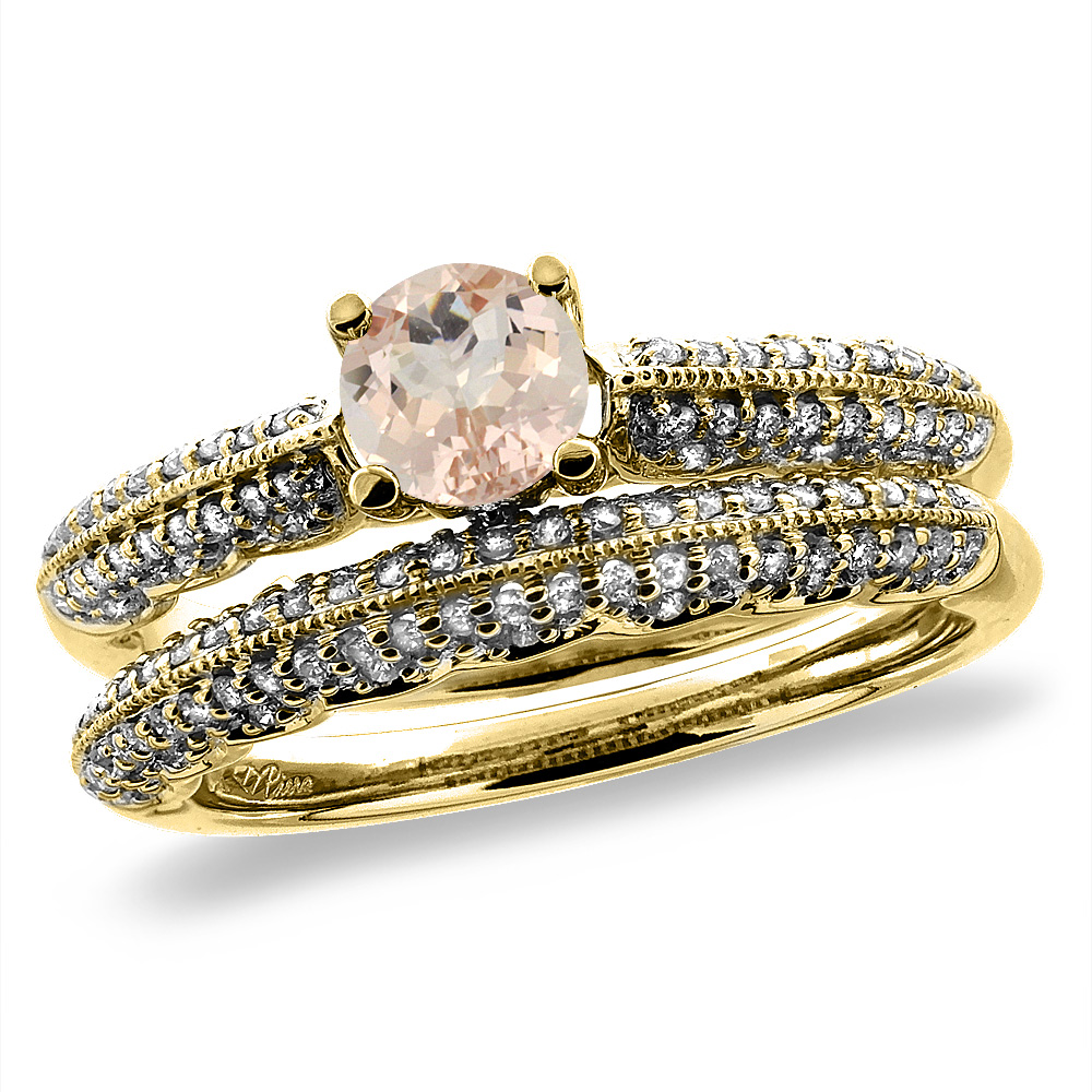 14K Yellow Gold Diamond Natural Morganite 2pc Engagement Ring Set Round 5 mm, sizes 5-10