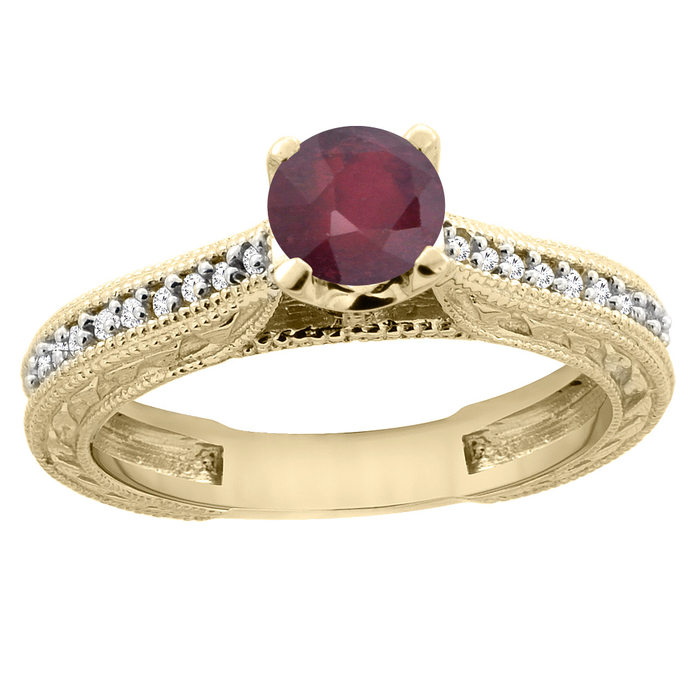 14K Yellow Gold Natural Enhanced Ruby Round 5mm Engraved Engagement Ring Diamond Accents, sizes 5 - 10