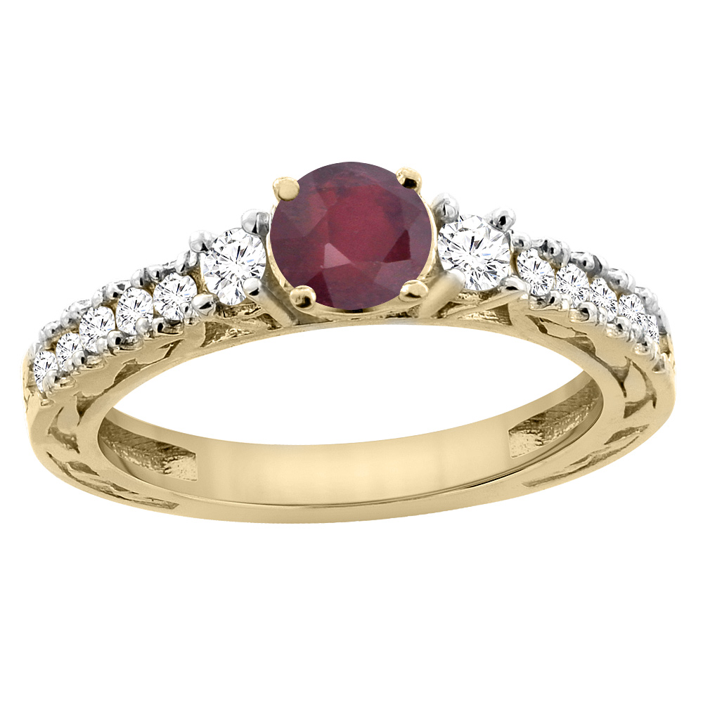14K Yellow Gold Natural Enhanced Ruby Round 6mm Engraved Engagement Ring Diamond Accents, sizes 5 - 10