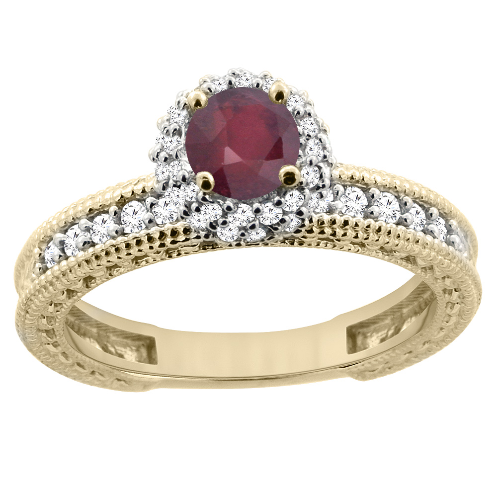 14K Yellow Gold Enhanced Genuine Ruby Round 5mm Engagement Ring Diamond Accents, sizes 5 - 10