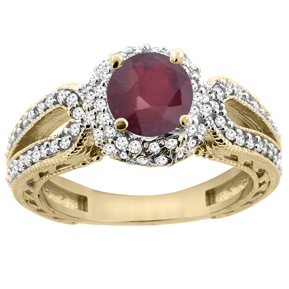 14K Yellow Gold Natural Enhanced Ruby Engagement Ring Round 6mm Engraved Split Shank Diamond Accents, sizes 5 - 10