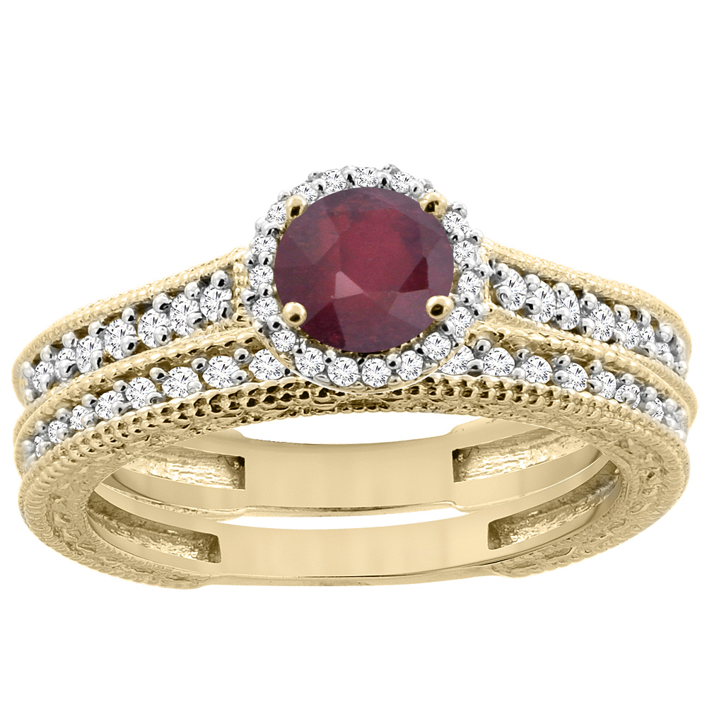 14K Yellow Gold Natural Enhanced Ruby Round 5mm Engagement Ring 2-piece Set Diamond Accents, sizes 5 - 10