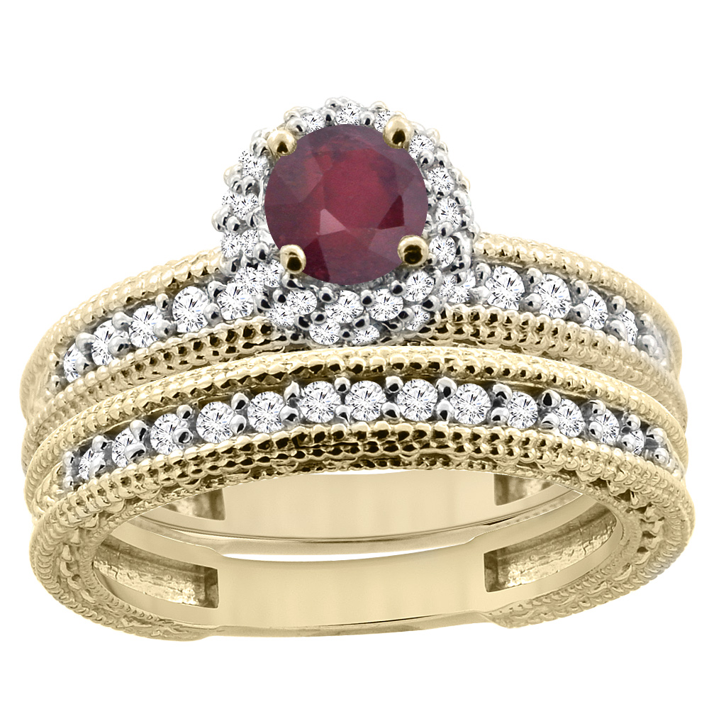 14K Yellow Gold Diamond Enhanced Genuine Ruby Round 4mm Engagement Ring 2-piece Set, sizes 5 - 10