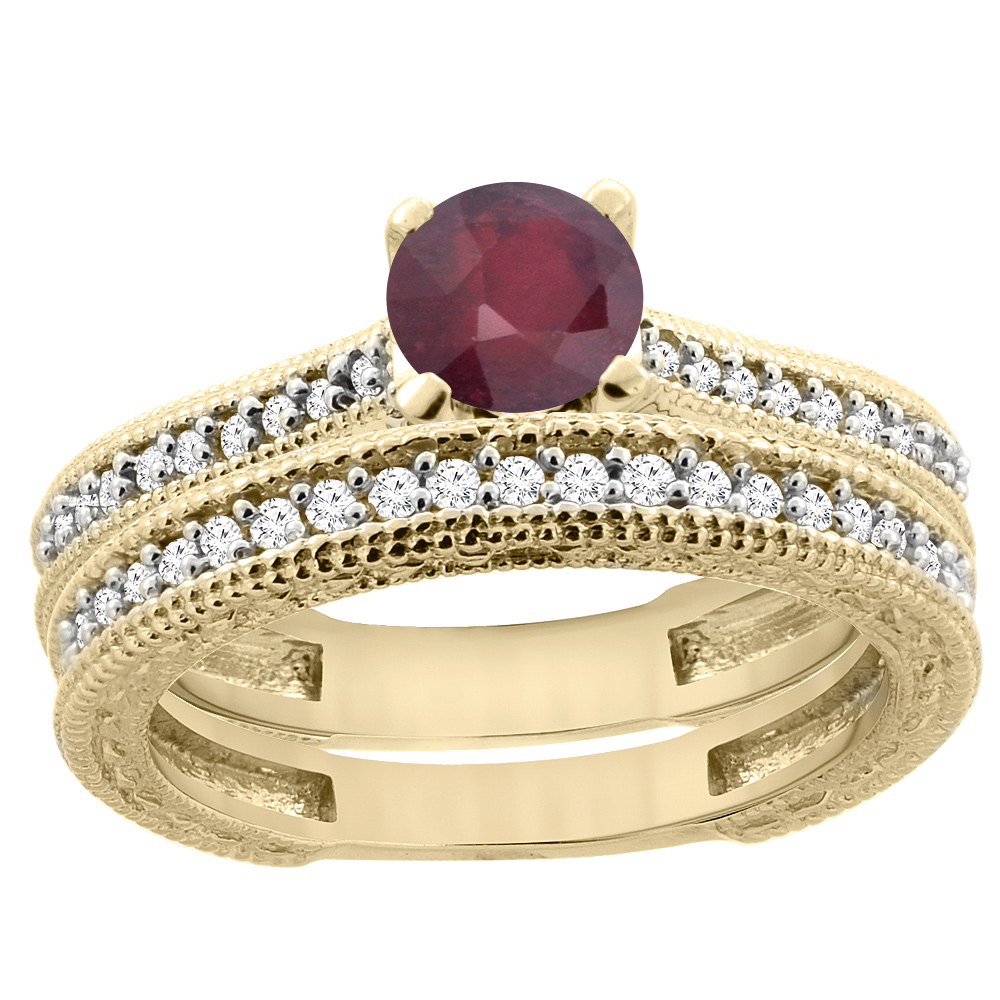 14K Yellow Gold Natural Enhanced Ruby Round 5mm Engraved Engagement Ring 2-piece Set Diamond Accents, sizes 5 - 10