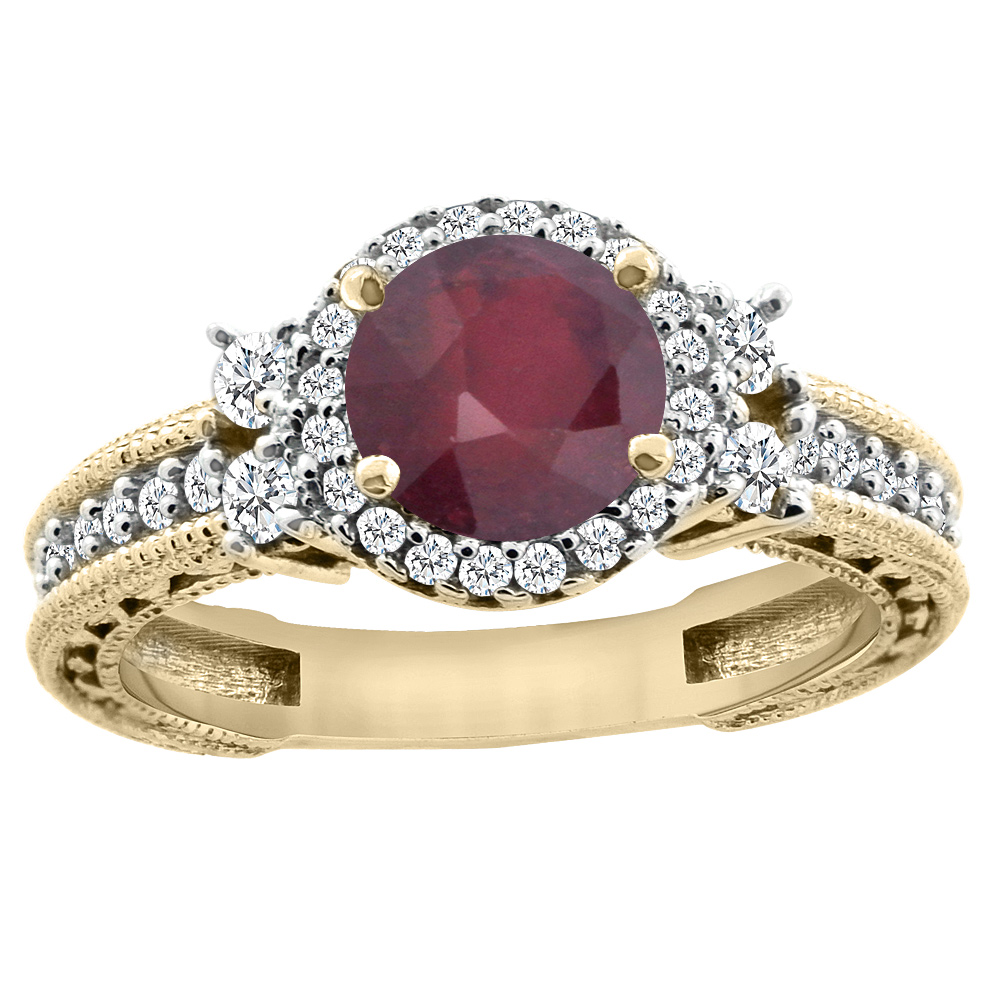 14K Yellow Gold Natural Enhanced Ruby Halo Engagement Ring Round 6mm Diamond Accents, sizes 5 - 10