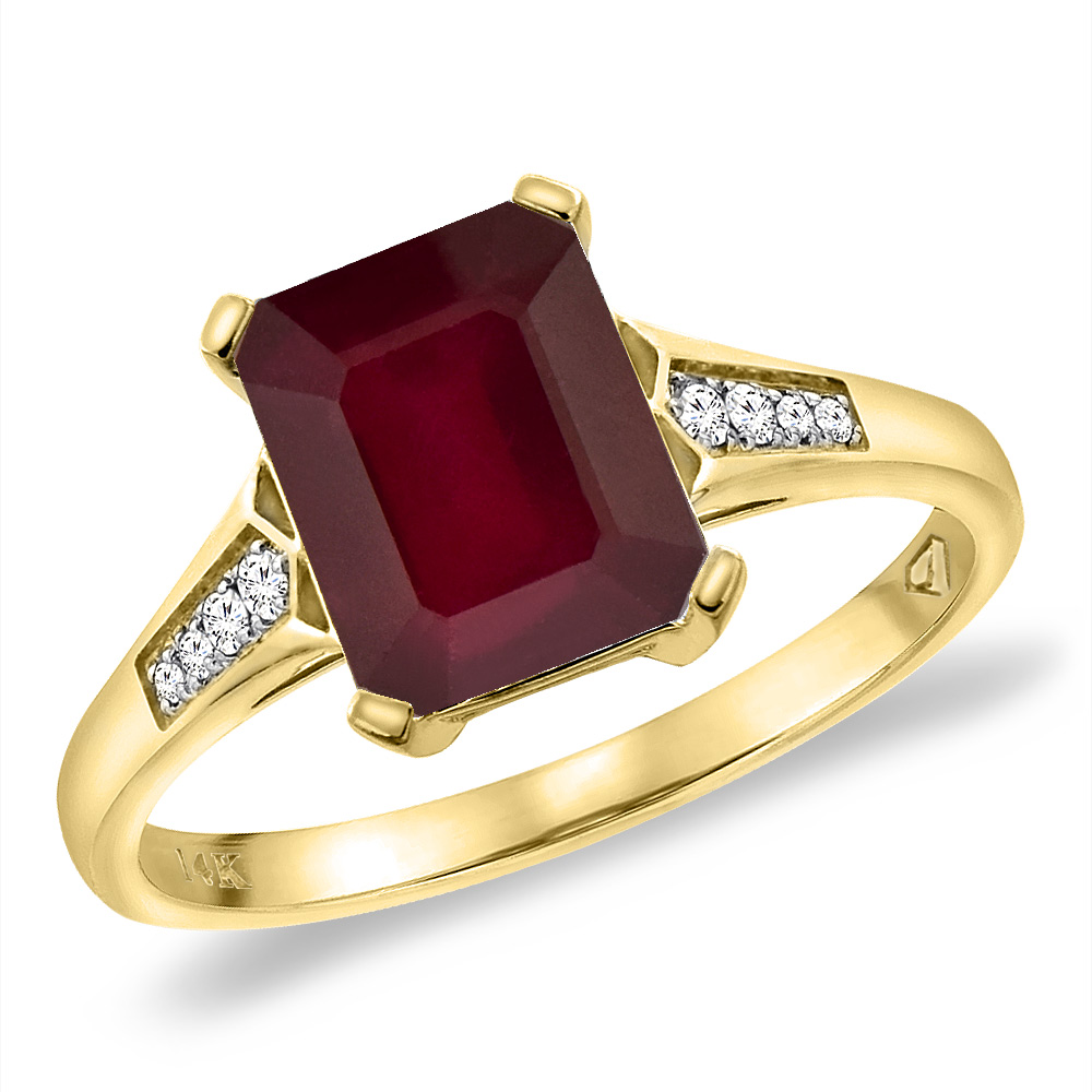 14K Yellow Gold Enhanced Genuine Ruby Ring 9x7 mm Octagon with Diamond Accent, sizes 5 -10