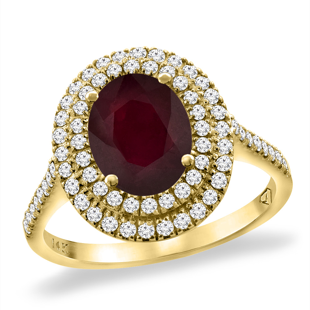 14K Yellow Gold Enhanced Genuine Ruby Two Halo Diamond Engagement Ring 9x7 mm Oval, sizes 5 -10