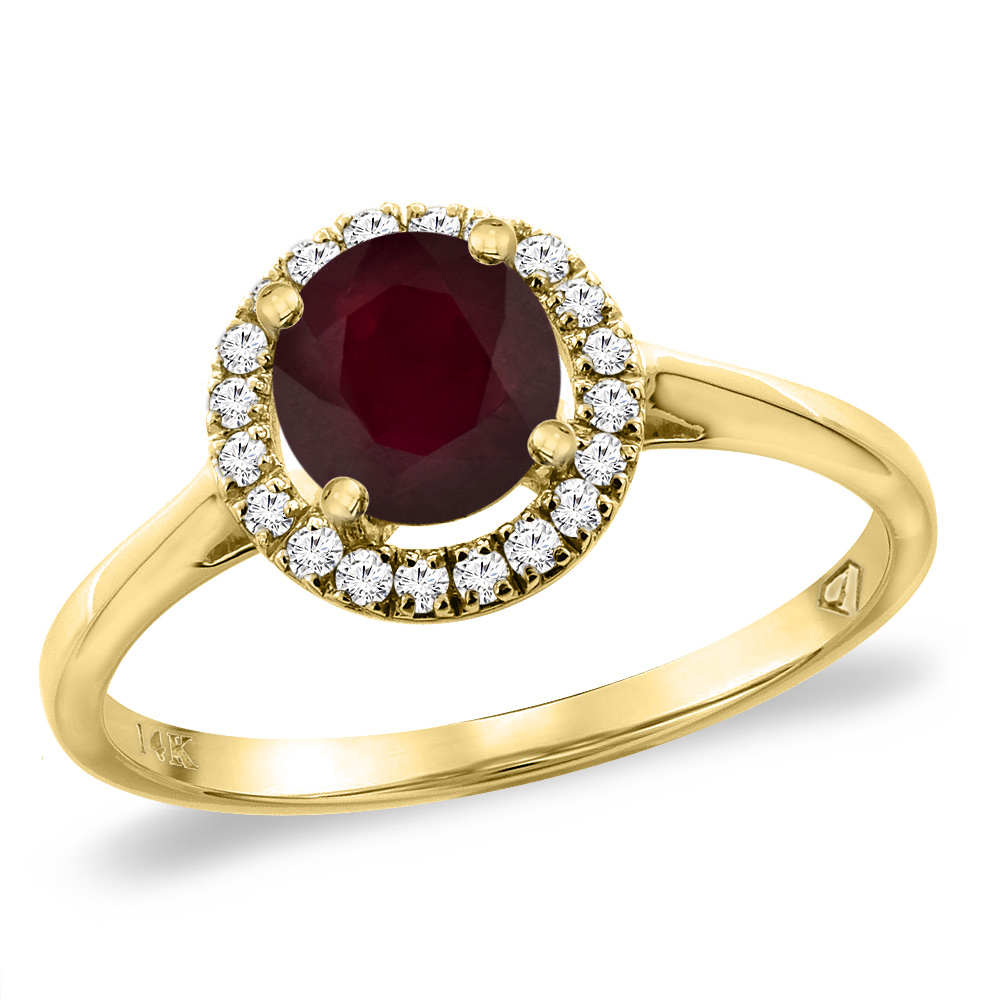 14K Yellow Gold Diamond Halo Enhanced Genuine Ruby Engagement Ring Round 6 mm, sizes 5 -10