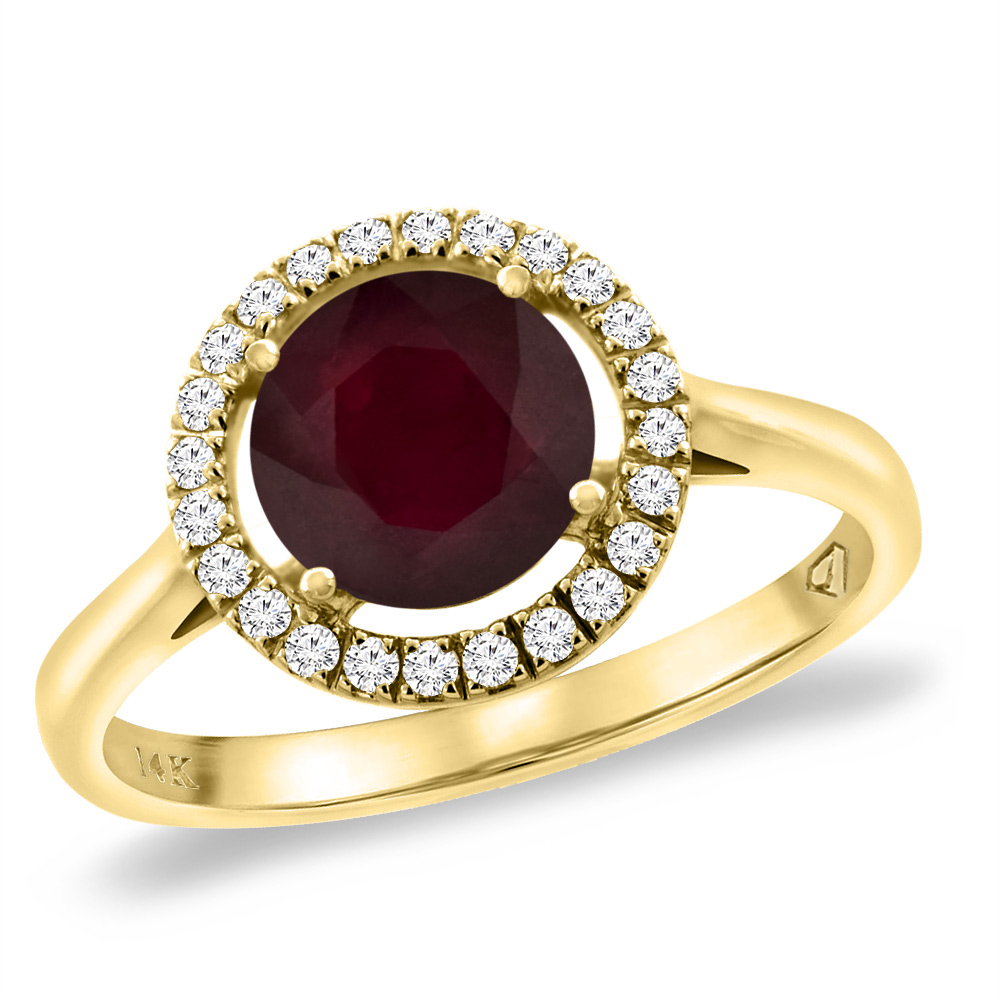 14K Yellow Gold Enhanced Genuine Ruby Halo Engagement Ring Round 8 mm, sizes 5 -10