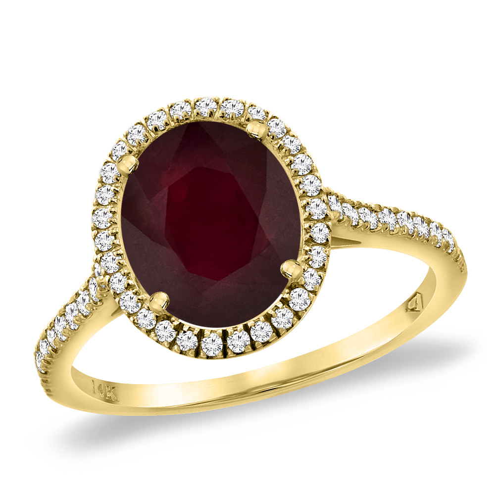 14K Yellow Gold Enhanced Genuine Ruby Diamond Halo Engagement Ring 10x8 mm Oval, sizes 5 -10