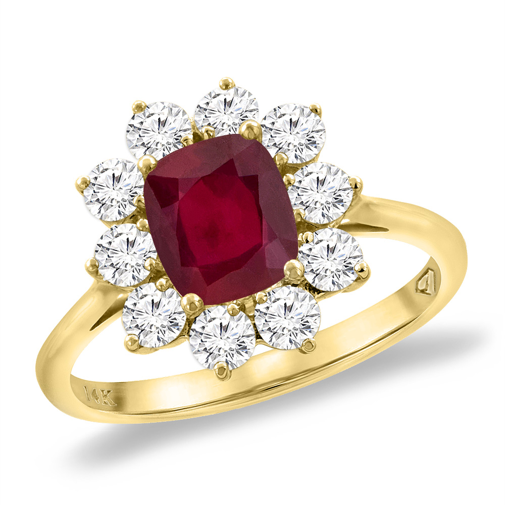 14K Yellow Gold Diamond Enhanced Genuine Ruby Engagement Ring 8x6 mm Cushion, sizes 5 -10