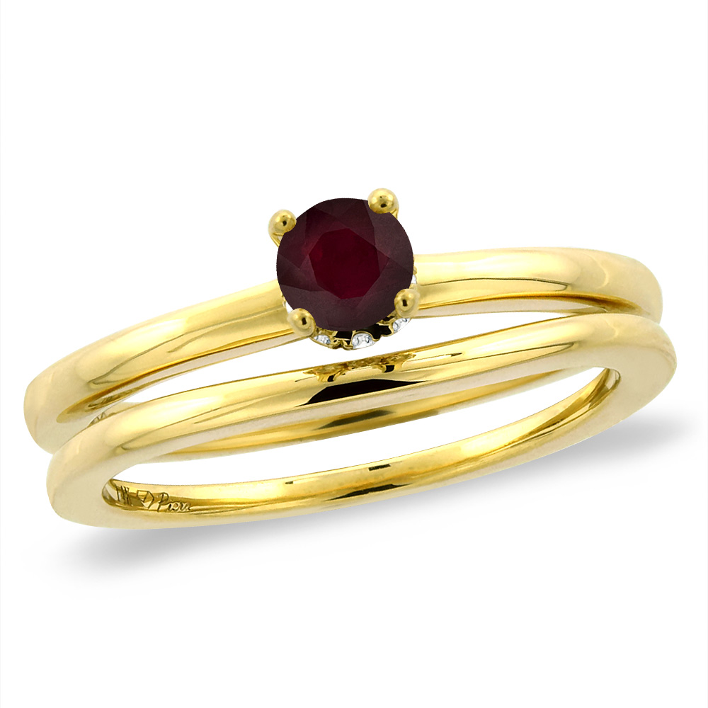 14K Yellow Gold Diamond Enhanced Genuine Ruby 2pc Solitaire Engagement Ring Set Round 6 mm, sz 5-10