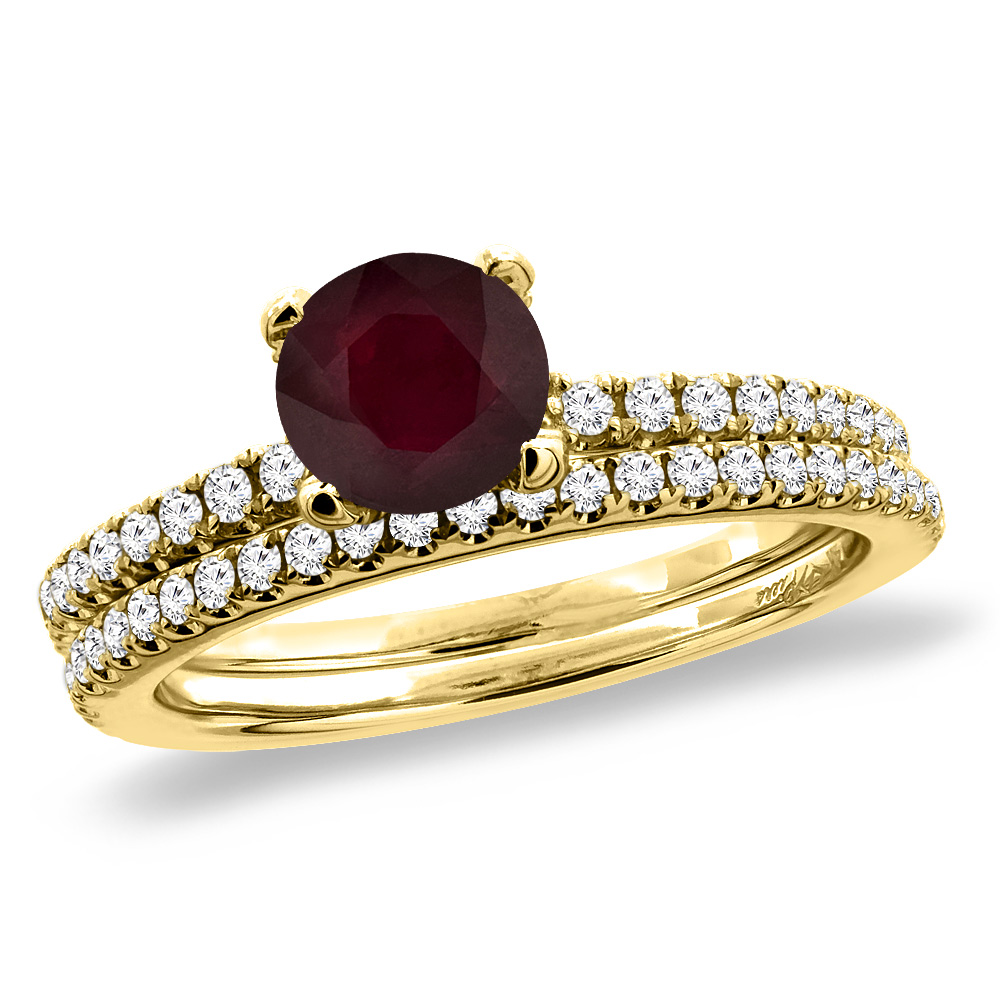 14K Yellow Gold Diamond Enhanced Genuine Ruby 2pc Engagement Ring Set Round 5 mm, sizes 5-10