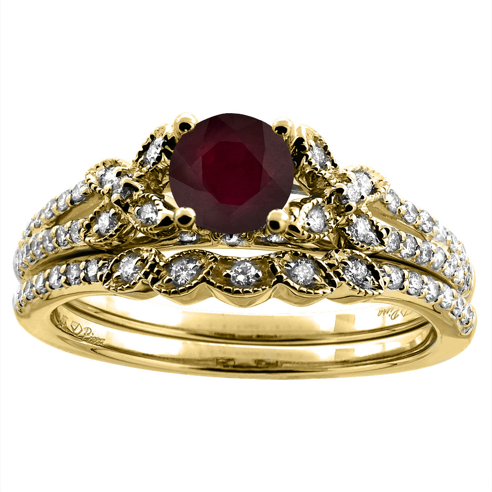 14K Yellow Gold Floral Diamond Enhanced Genuine Ruby 2pc Engagement Ring Set Round 5 mm, sizes 5-10