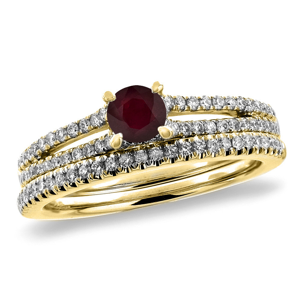 14K Yellow Gold Diamond Enhanced Genuine Ruby 2pc Engagement Ring Set Round 5 mm, sizes 5-10