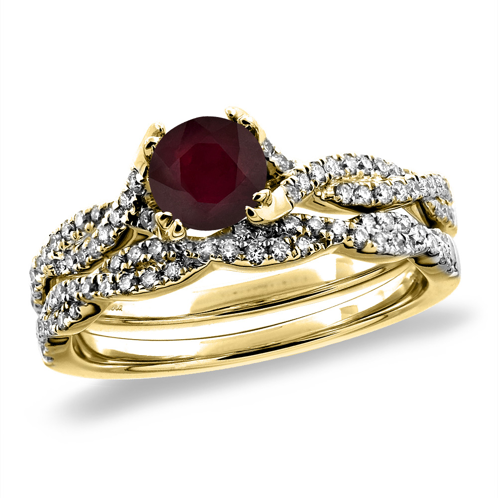 14K White/Yellow Gold Diamond Enhanced Genuine Ruby 2pc Infinity Engagement Ring Set Round 5 mm, sz 5-10