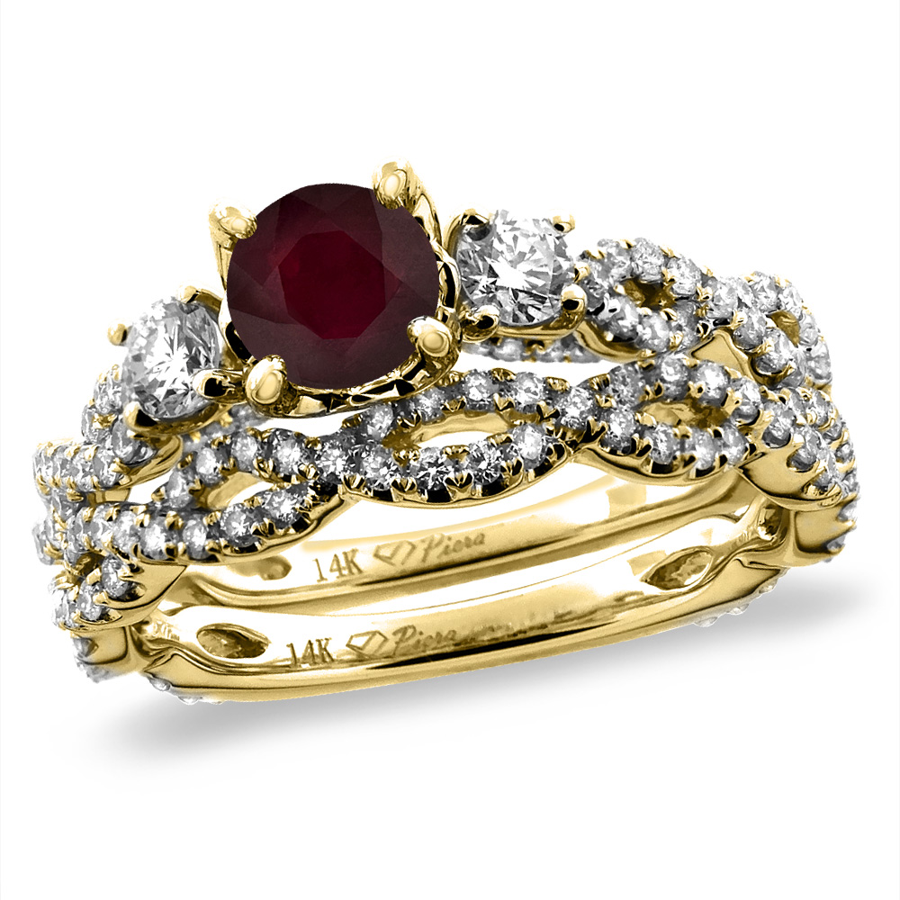 14K Yellow Gold Diamond Enhanced Genuine Ruby 2pc Infinity Engagement Ring Set Round 5 mm, size 5-10