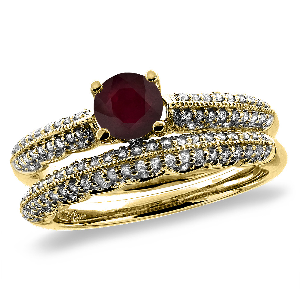 14K Yellow Gold Diamond Enhanced Genuine Ruby 2pc Engagement Ring Set Round 5 mm, size 5-10