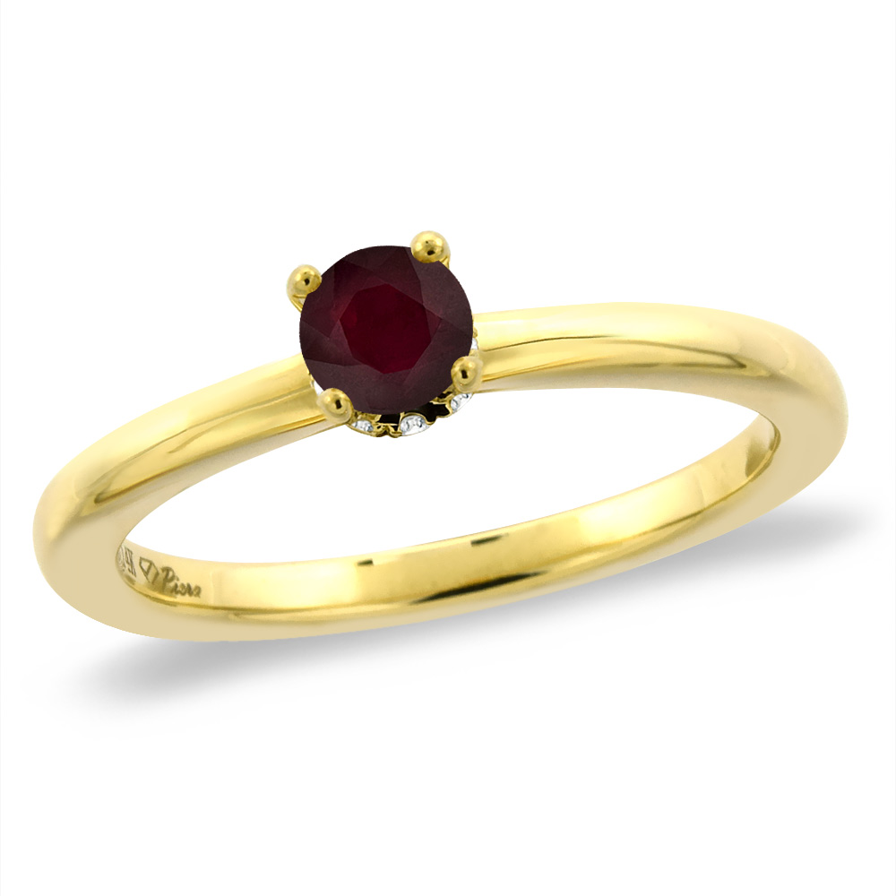 14K Yellow Gold Diamond Enhanced Genuine Ruby Solitaire Engagement Ring Round 5 mm, sizes 5 -10