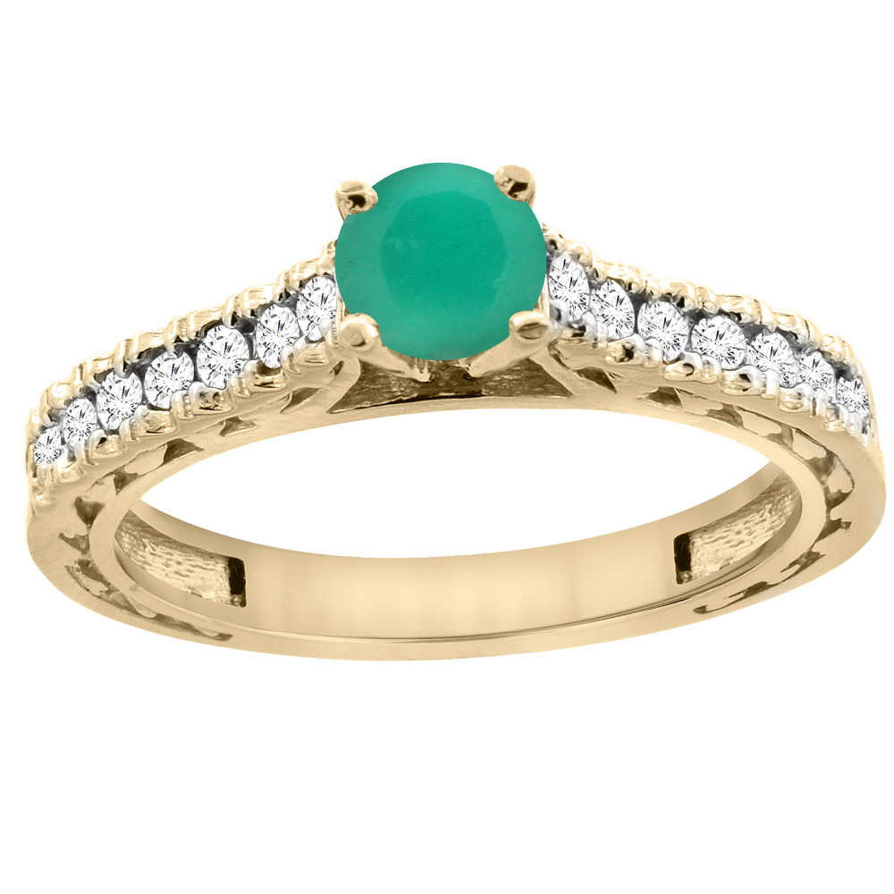 14K Yellow Gold Natural Emerald Round 5mm Engraved Engagement Ring Diamond Accents, sizes 5 - 10