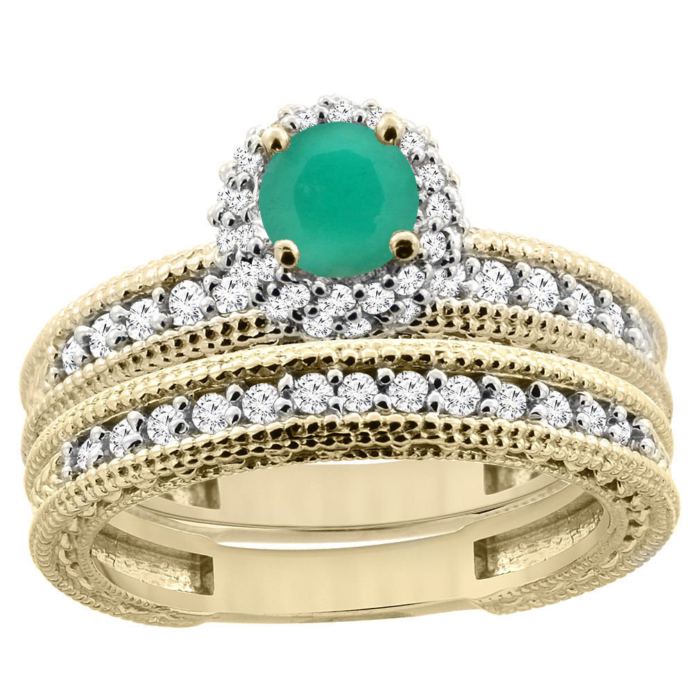 14K Yellow Gold Diamond Natural Emerald Round 4mm Engagement Ring 2-piece Set, sizes 5 - 10